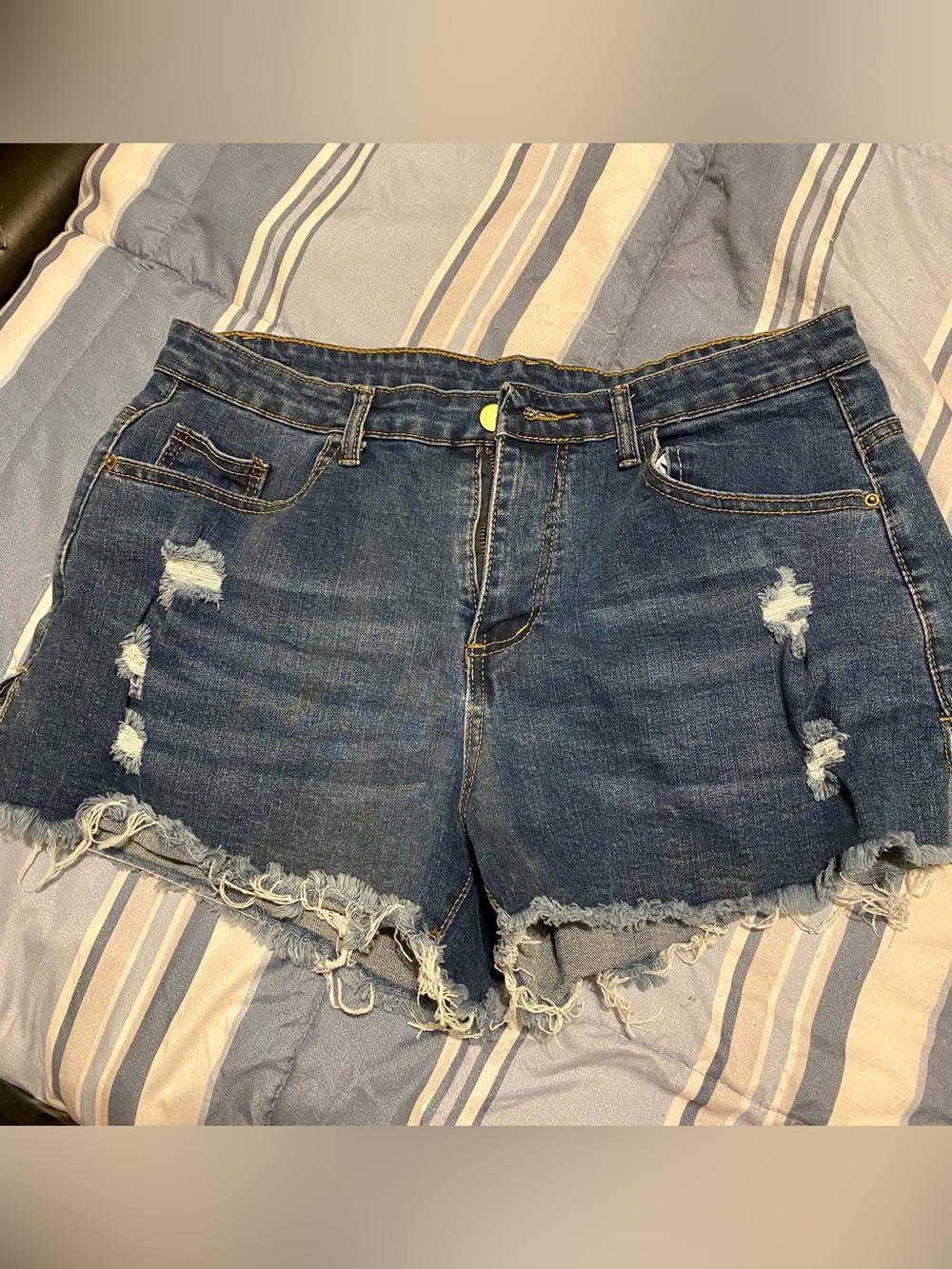 Classic Dark Blue Distressed Denim Shorts - Women's